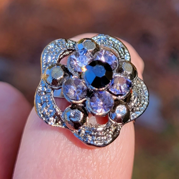 Pleasant Purple Jeweled Flower Silver Ring One Size Fits All - Picture 3 of 10